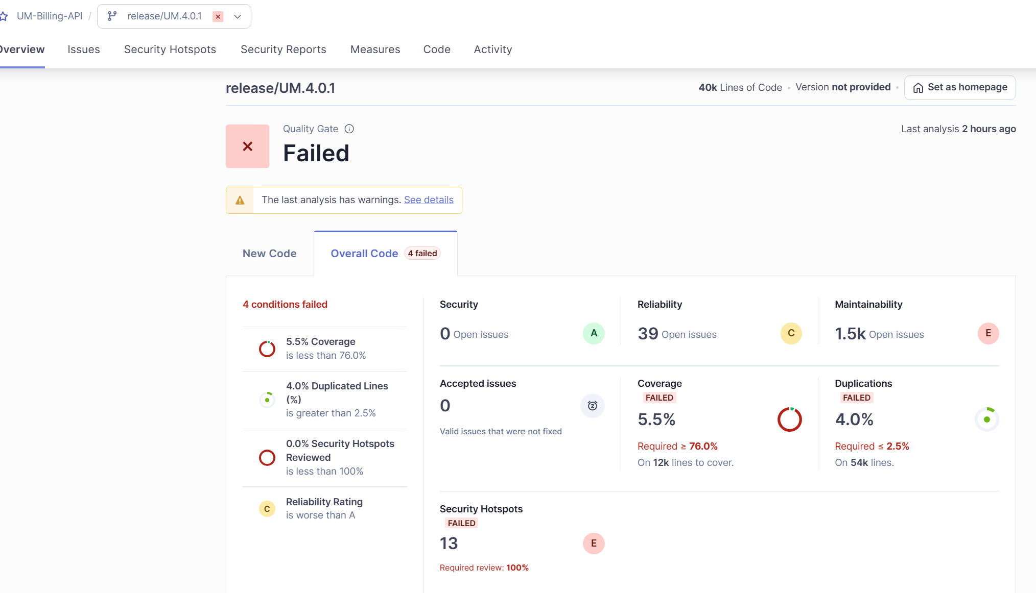 SonarQube screenshot of UM API before improvement