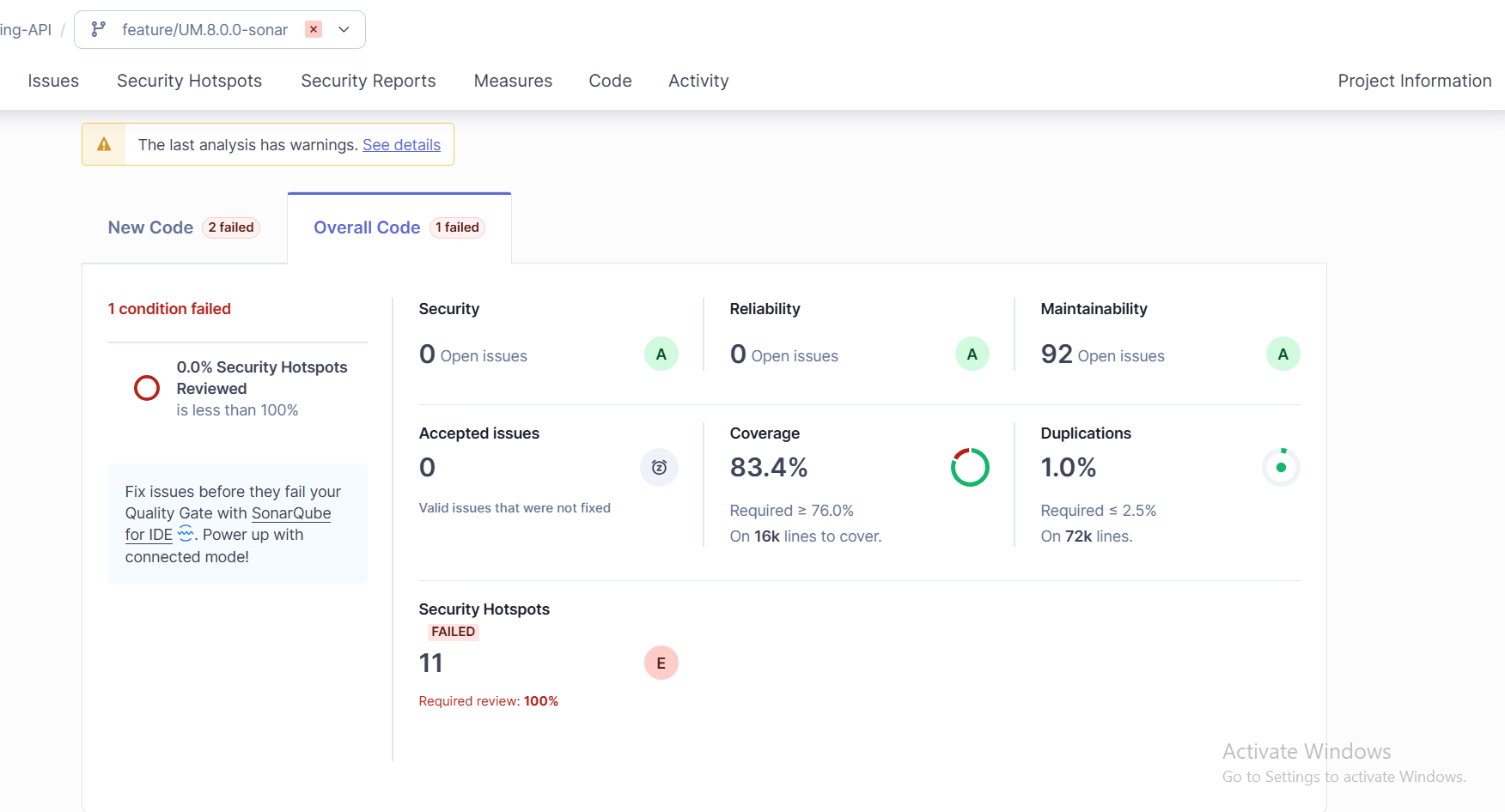 SonarQube screenshot of UM API after improvement